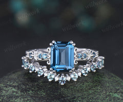 Vintage emerald cut London blue topaz engagement ring set filigree art deco blue topaz ring half eternity alexandrite wedding band bridal set