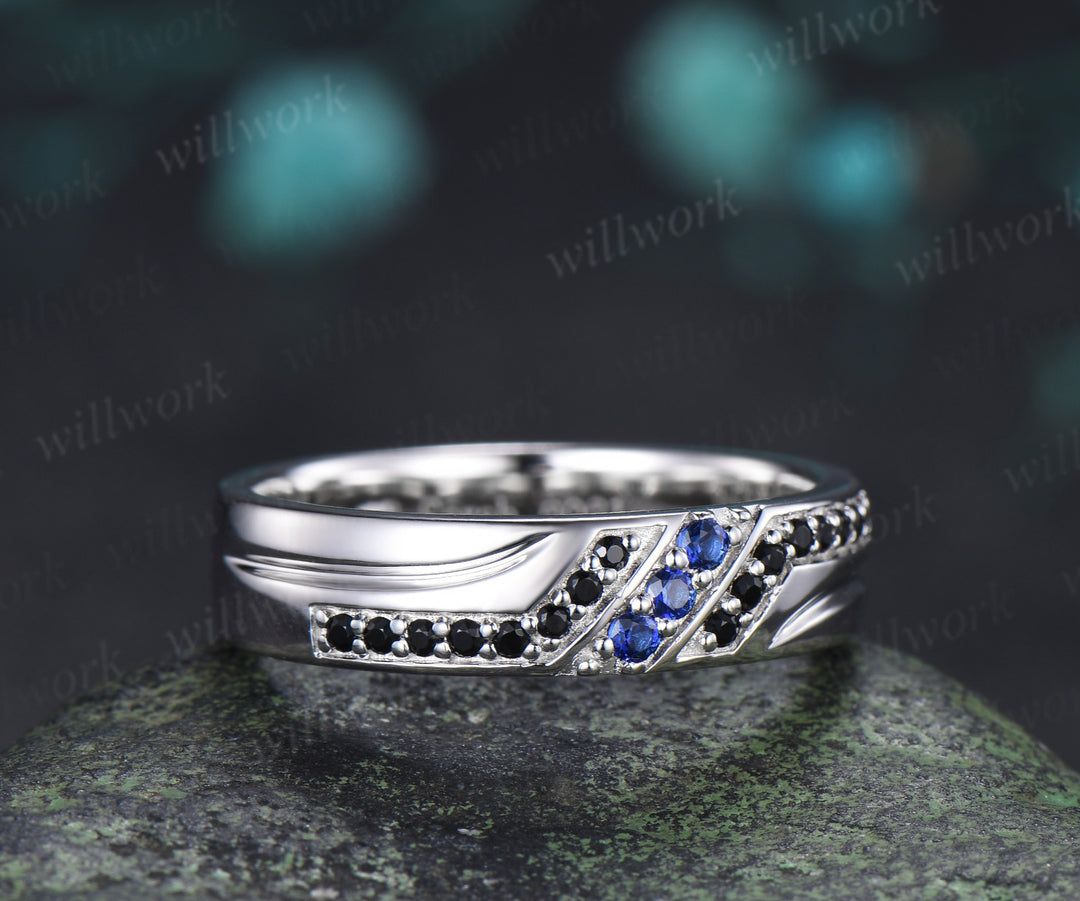 Radianit Cut Sapphire Twig Leaf Ring Set & Round Sapphire Black Spinel Men Wedding Ring Couple Ring Set