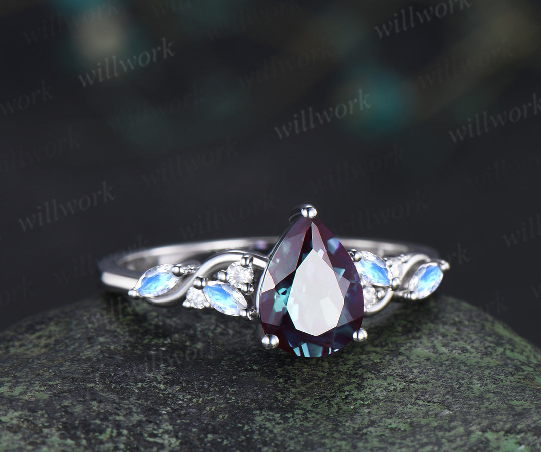 Unique pear alexandrite engagement ring marquise moonstone moissanite cluster bridal wedding ring jewelry gifts for women