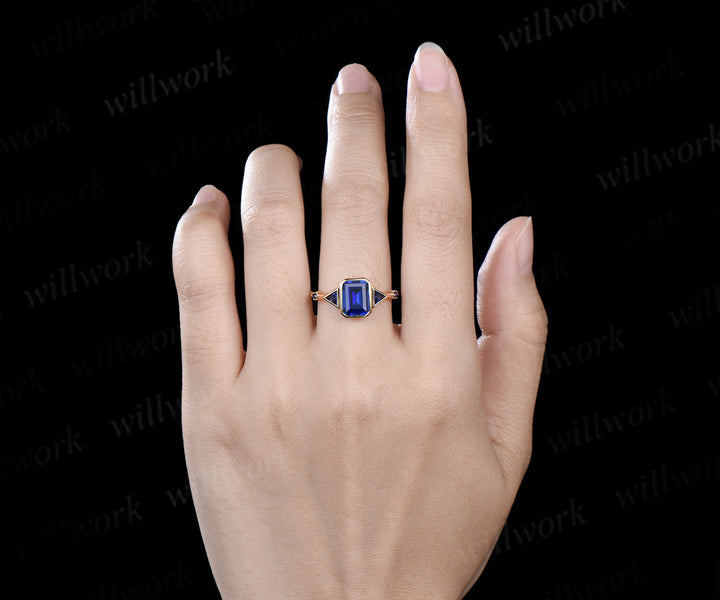 Emerald cut sapphire ring trilliant cut sapphire bezel engagement ring unique five stone ring for women