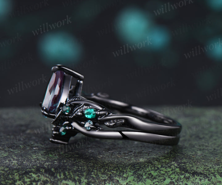 Pear alexandrite ring set unique twig vine teardrop emerald accent ring unique bridal set jewelry gifts