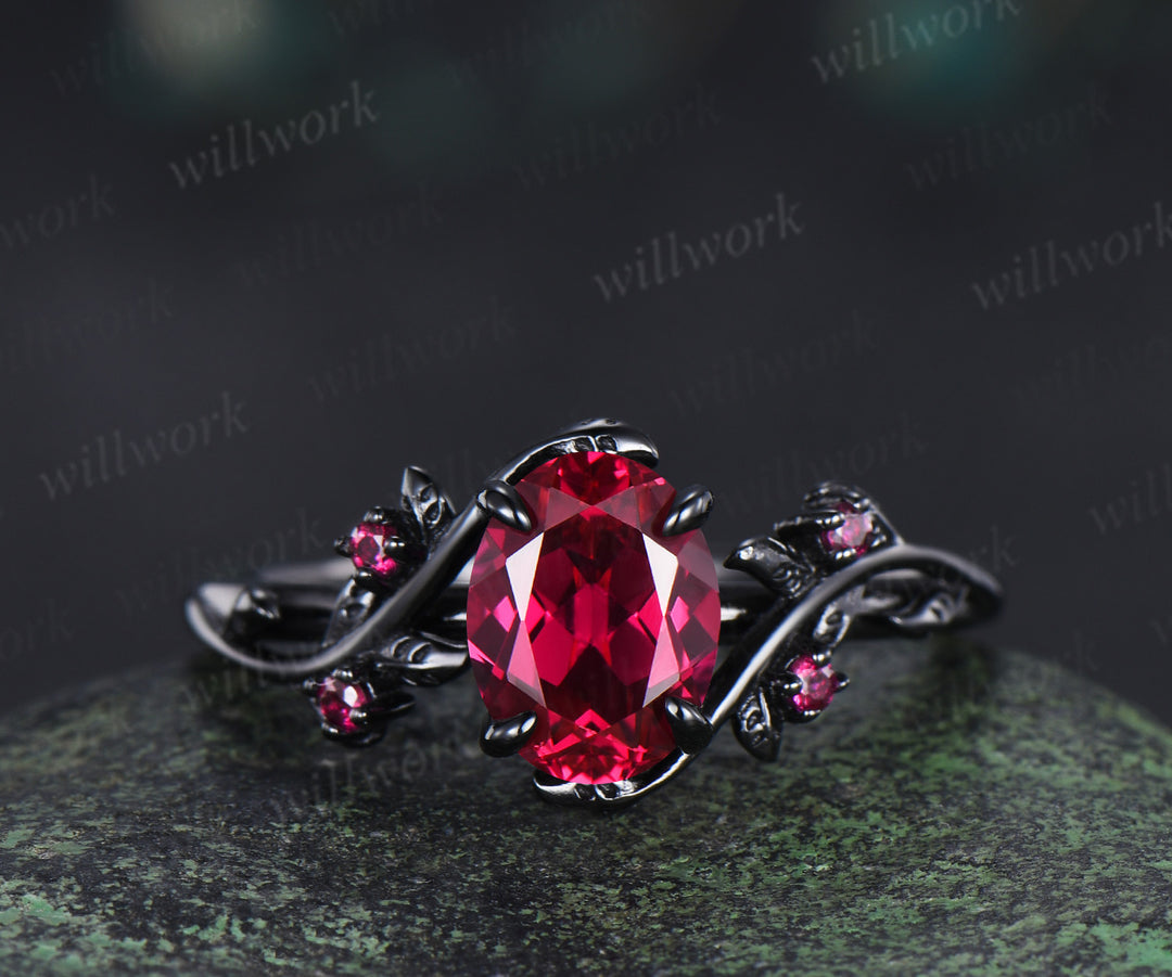 Oval ruby ring set nature inspired black gold engagement ring curved ruby infinity wedding band July birthstone gifts