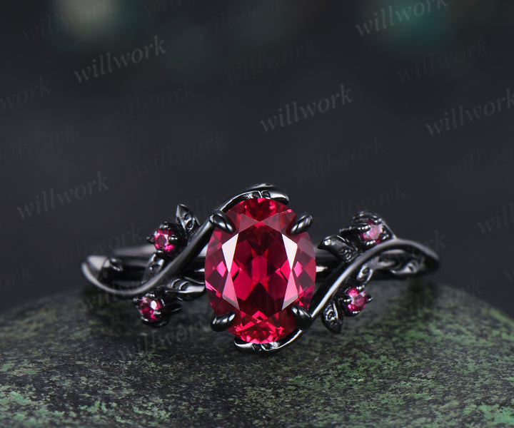 Oval ruby ring set nature inspired black gold engagement ring curved ruby infinity wedding band July birthstone gifts