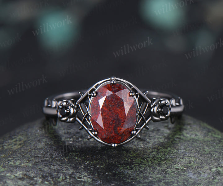 Gothic Oval Bloodstone Engagement Ring Set Black Gold Rose Thorn Ring Black Spinel & Garnet Accent Matching Wedding Band Unique Bridal Set