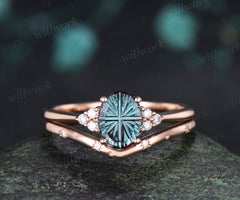 Oval Fantasy Cut Alexandrite Engagement Ring Set Moissanite Cluster Ring Star Wedding Band Color Change Gemstone Bridal Set