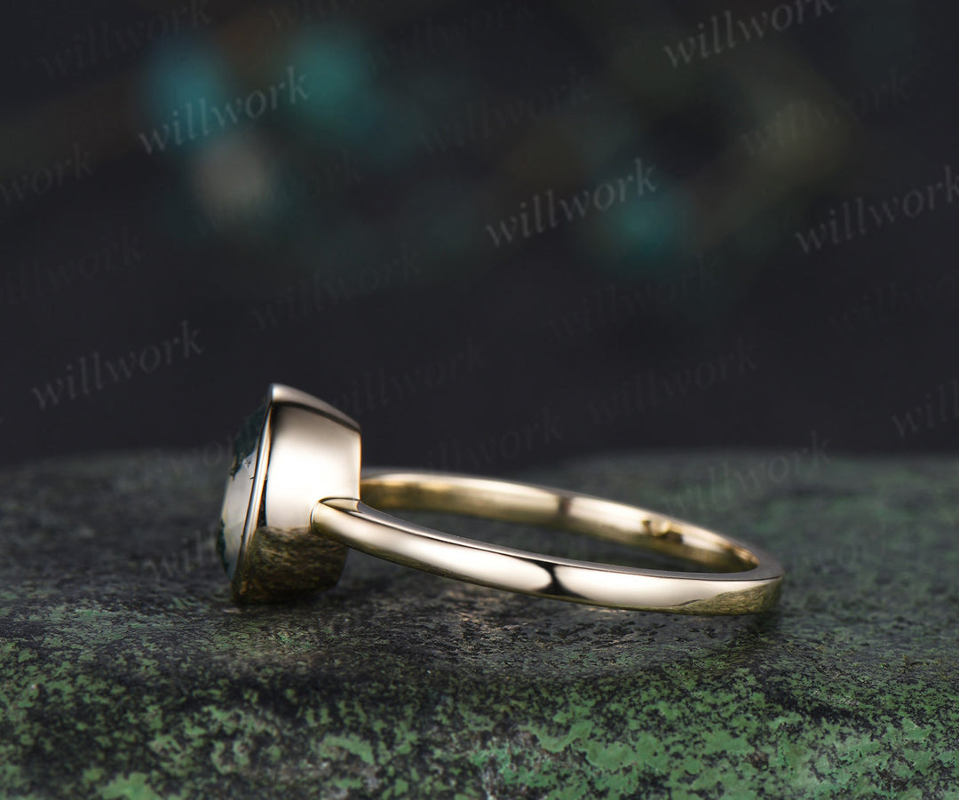Oval cut natural moss agate engagement ring unique solitaire moss agate bezel ring solid 10k/14k/18k yellow gold ring for women