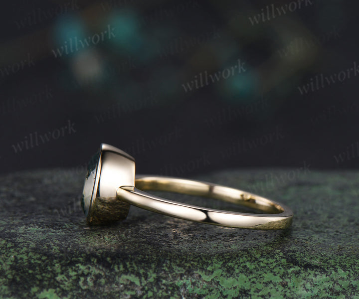 Oval cut natural moss agate engagement ring unique solitaire moss agate bezel ring solid 10k/14k/18k yellow gold ring for women