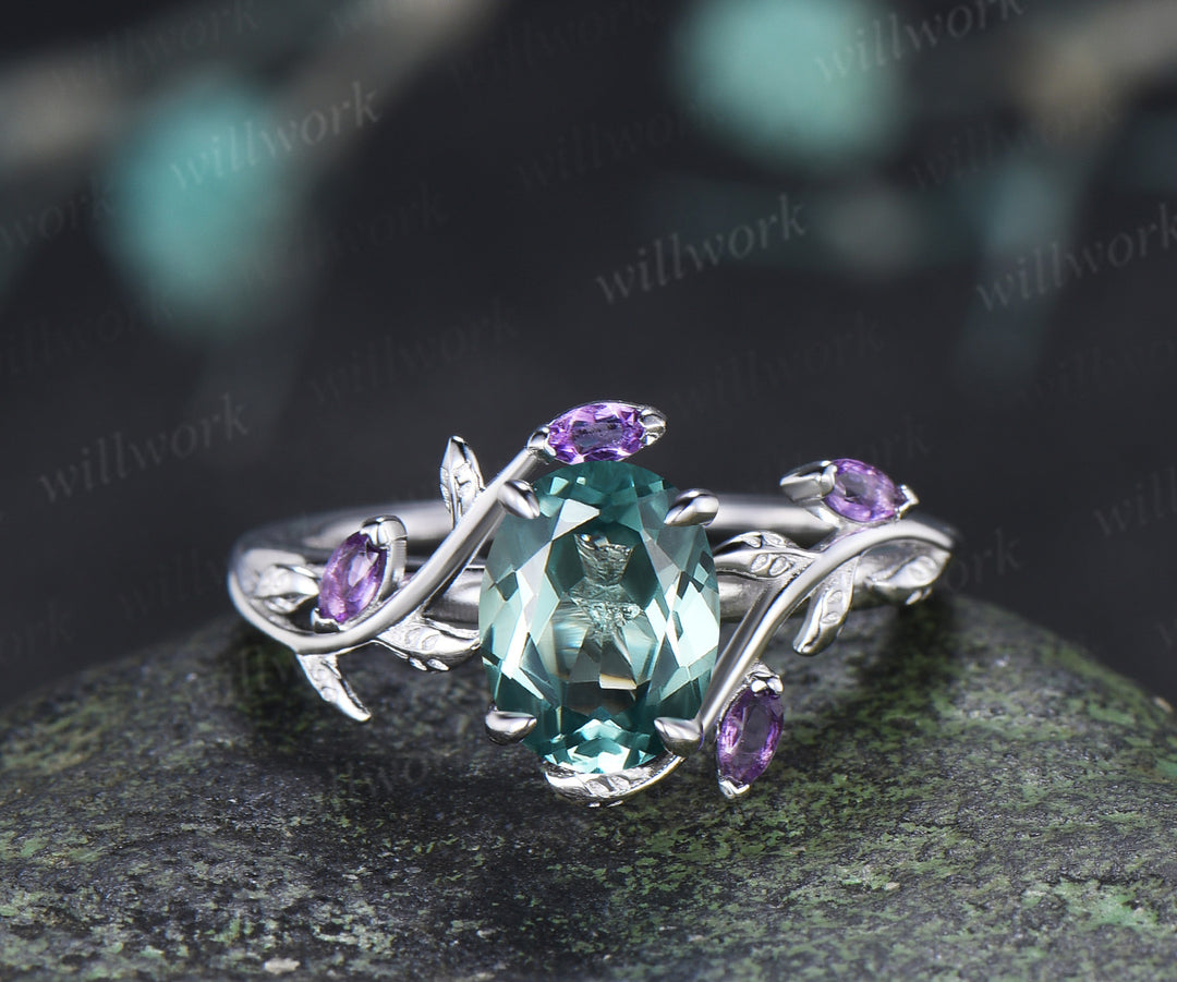 Oval Cut Green Sapphire Leaf Vine Engagement Ring Amethyst Enhancer Wrap Band Nature Inspired Bridal Set