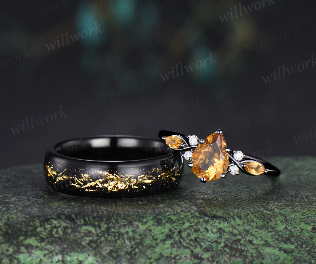 Pear Citrine Seven Stone Engagement Ring & Bold Tungsten Men Wedding Band Couple Rings