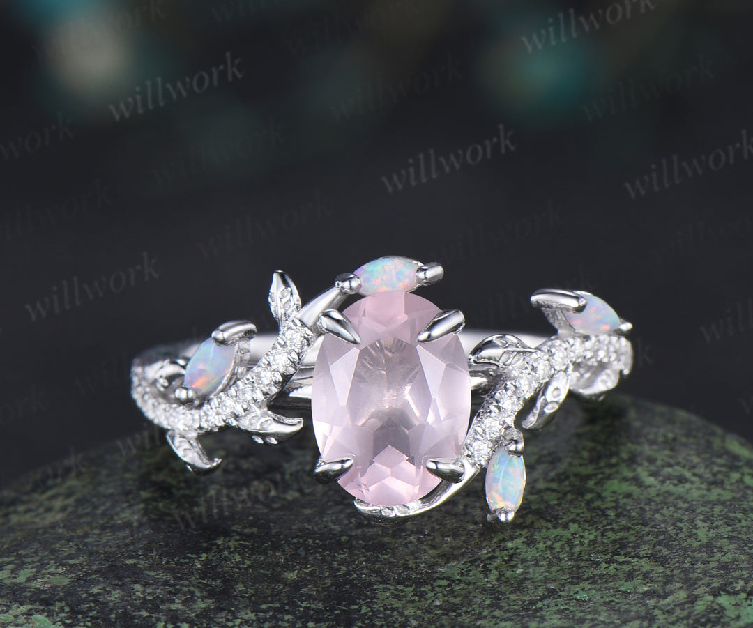 Vintage oval cut rose quartz engagement ring set leaf nature inspired opal moissanite bridal ring matching wedding band gifts for her