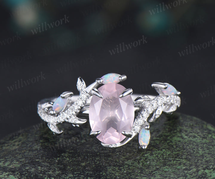 Vintage oval cut rose quartz engagement ring set leaf nature inspired opal moissanite bridal ring matching wedding band gifts for her
