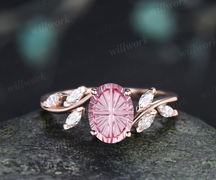 Oval Fantasy Cut Padparadscha Engagement Ring Moissanite Seven Stone Bypass Ring Unique Pink Sapphire Bridal Ring