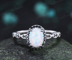Oval white opal engagement ring vintage black diamond halo half eternity band promise ring