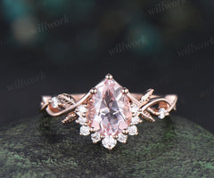 Pear shaped natural pink morganite engagemet ring art deco diamond leaf twig split shank ring soild rose gold bridal ring