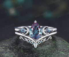 Pear shape firworks cut alexandrite ring set kite cut alexandrite art deco moon ring matching curved band vintage bridal set