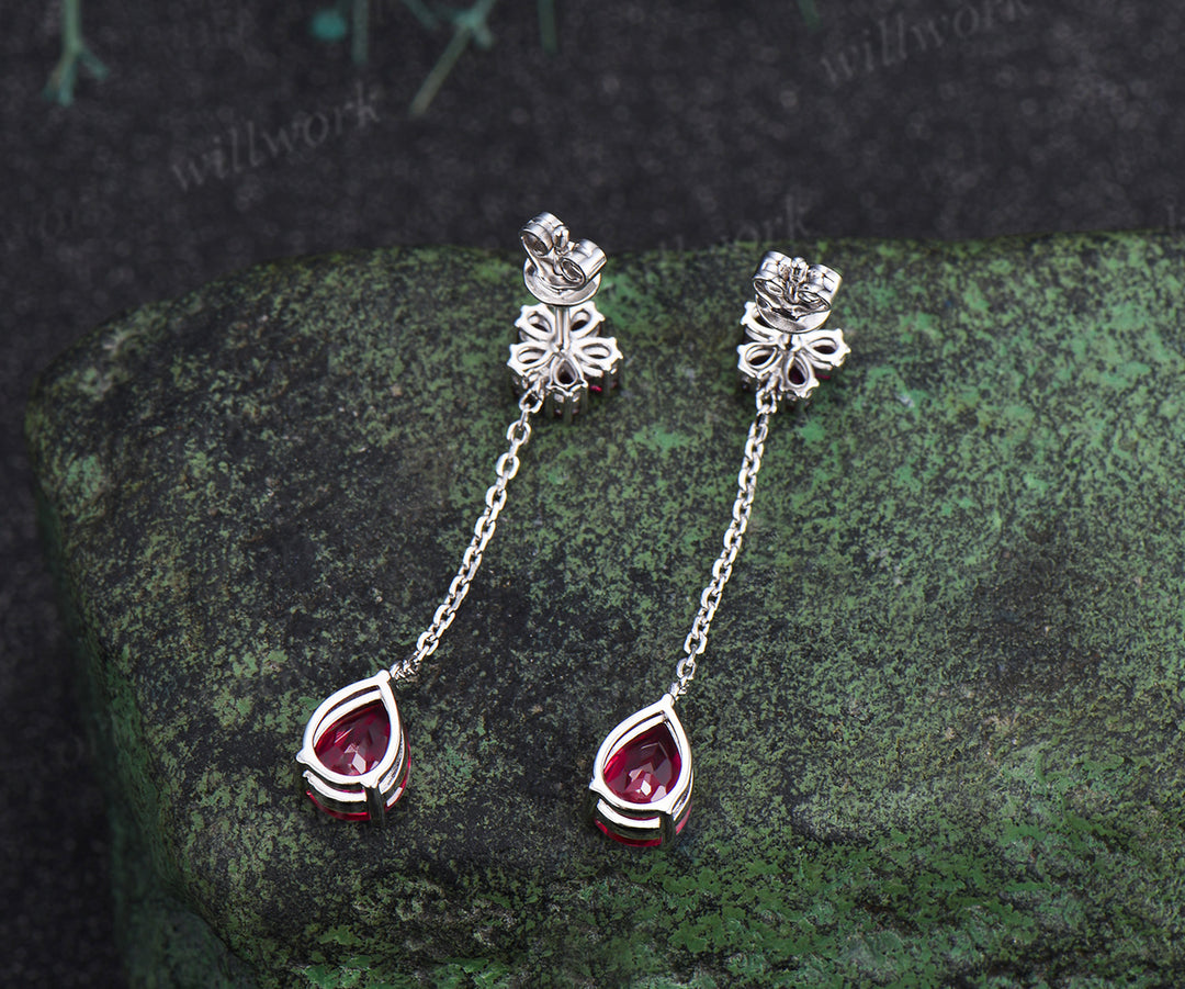 Pear shape ruby threader earrings flower drop earrings July birthstone gifts wedding anniversary earrings