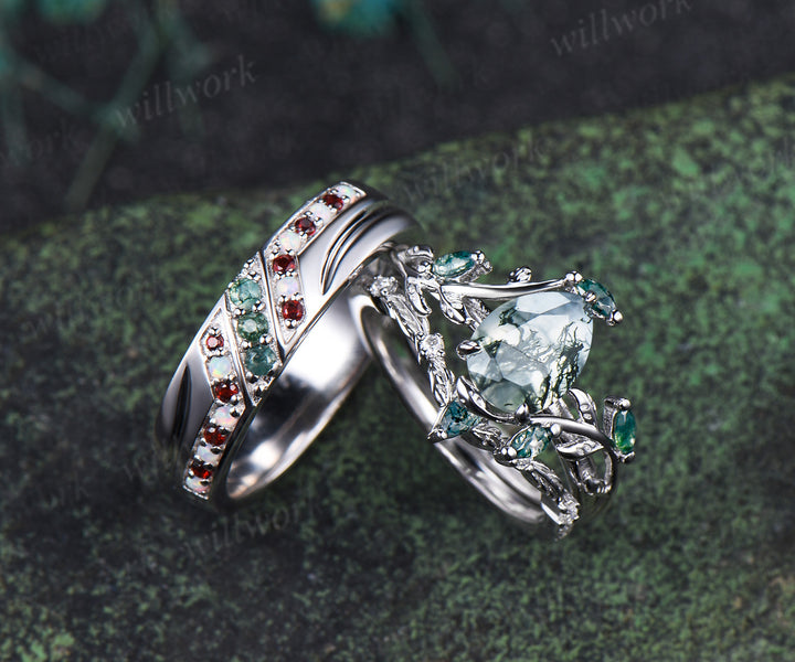 Pear Moss Agate Twig Leaf Ring Set & 5mm Moss Agate Opal Garnet Men Ring Unique Couple Ring Set