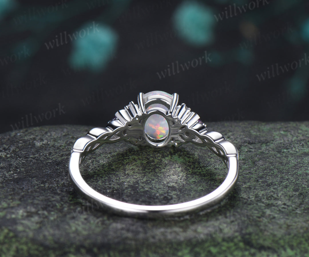 Oval White Opal Amethyst Moon Ring Twisted Weave Half Eternity Band Vintage Opal Wedding Ring Gift for Women