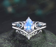 Pear shape moonstone ring set kite cut alexandrite art deco moon ring matching peridot curved band vintage bridal set