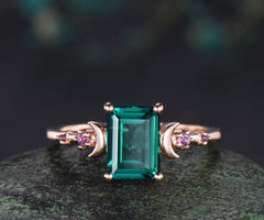 Emerald cut green emerald ring five stone amethyst moon promise ring 14k rose gold May birtstone jewelry