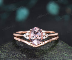 Oval Cut Pink Engagement Ring Set Diamond Cluster Ring Star Wedding Band Unique Seven Stone Bridal Set