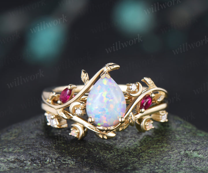 Vintage Teardrop Opal Engagement Ring Set Art Deco Moon Marquise Ruby Leaf Vine Ring Moissanite Band Nature Inspired Bridal Set