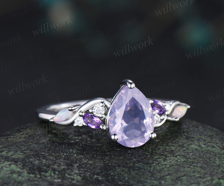 Pear cut lavender amethyst engagement ring opal moissanite amethyst cluster ring minimalist wedding ring for bridal