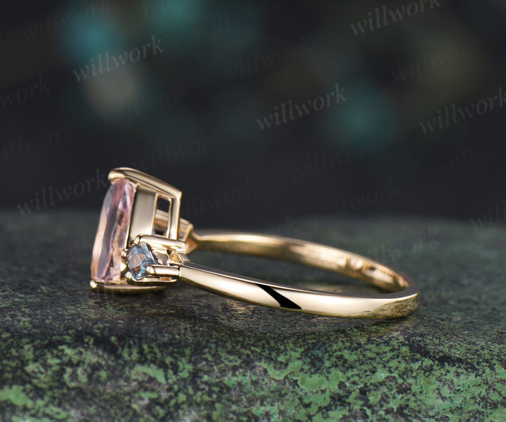 Nature pear pink morganite engagement ring minimalistic three stone unique kite cut alexandrite ring anniversary ring for women