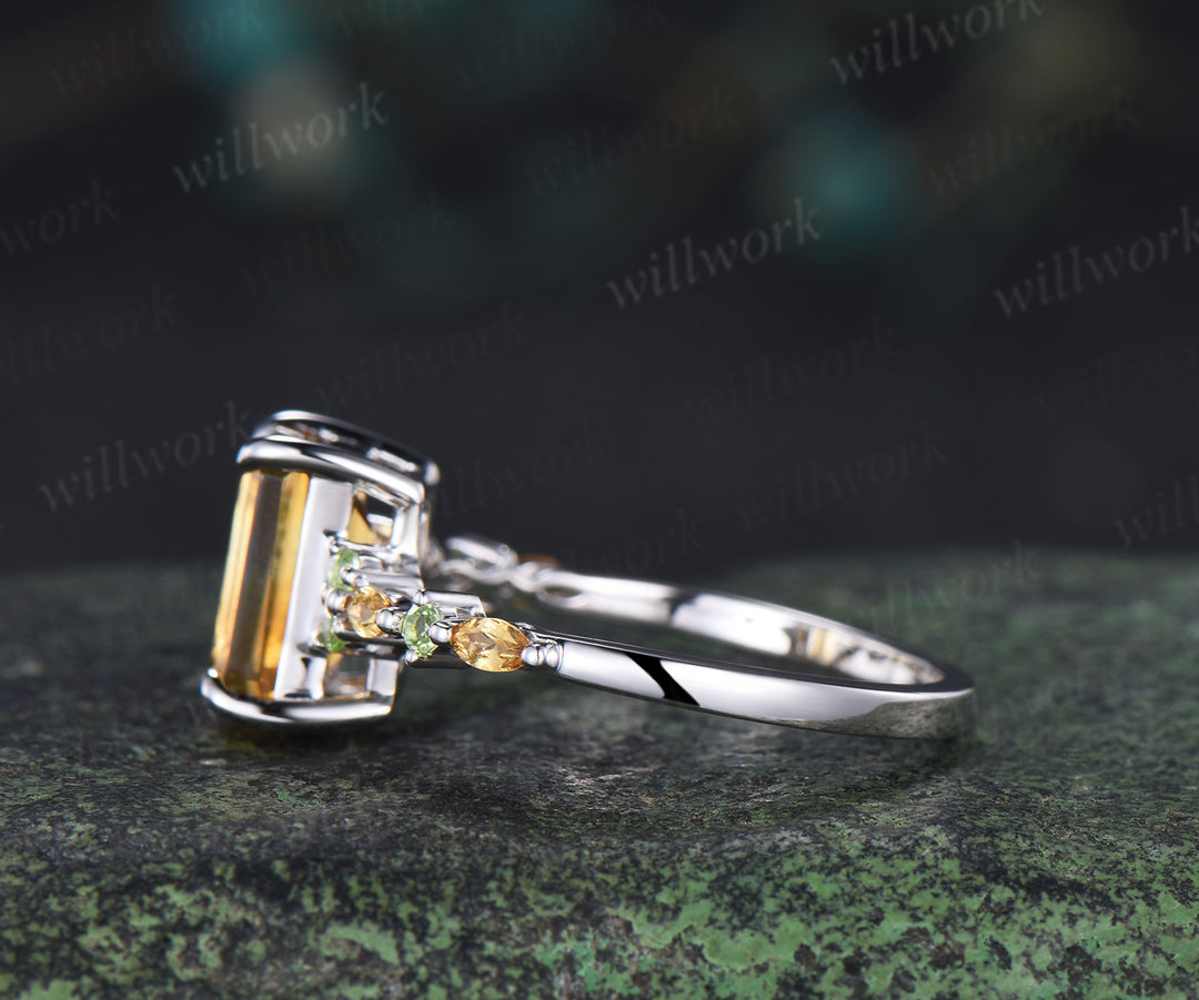 Emerald cut citrine engagement ring peridot marquise yellow citrine wedding ring November birsthone jewelry