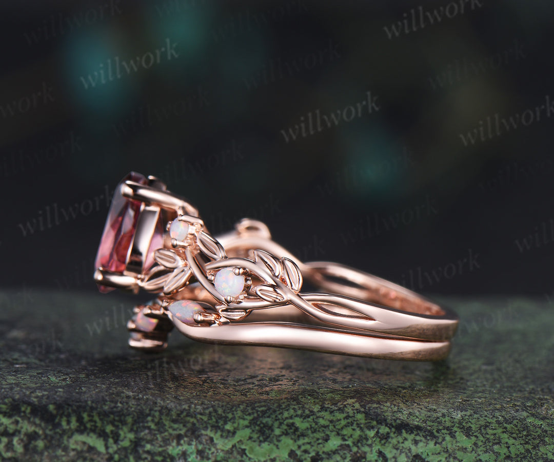 Pear cut natural pink tourmaline leaf engagement ring set nature inspired twig accent opal ring bridal set