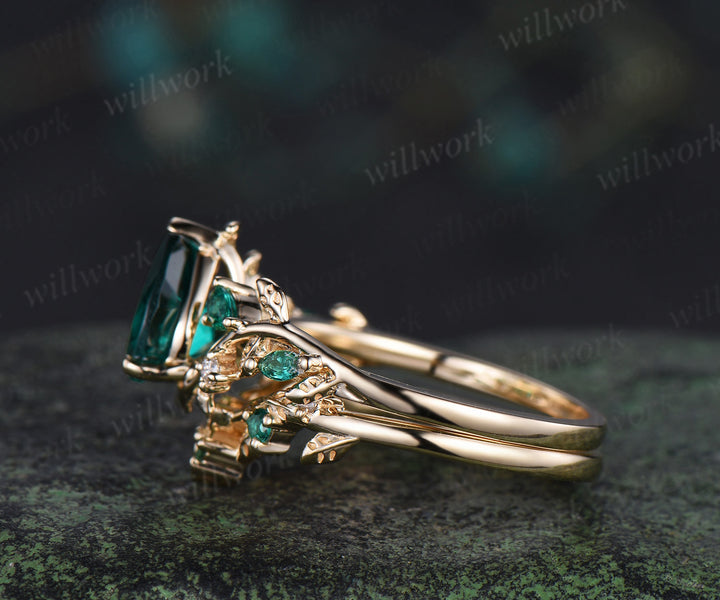 Vintage pear cut emerald engagement ring set pear emerald leaf twig ring celtic knot leaf wedding band unique bridal set