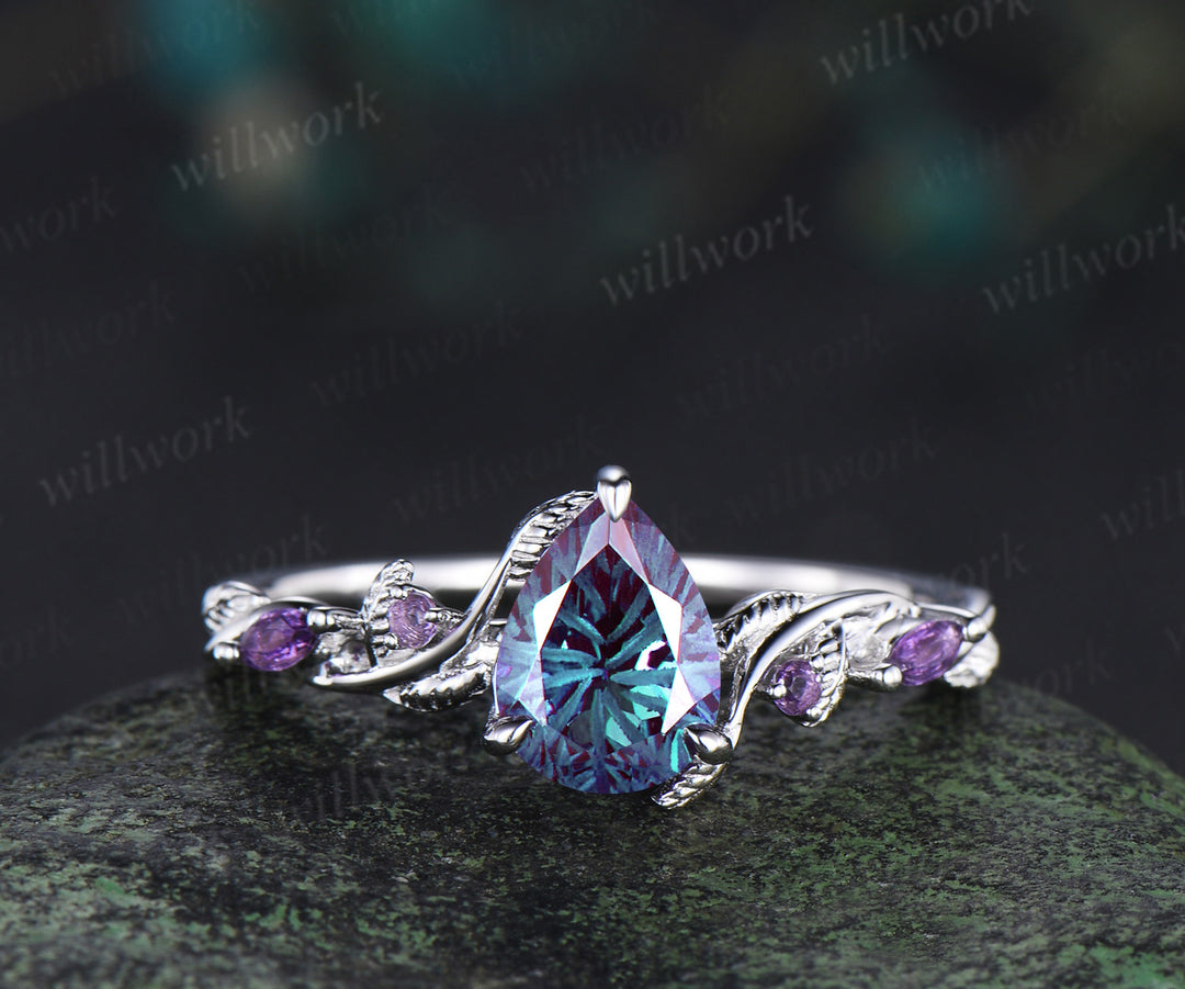 Fireworks cut Alexandrite ring white gold nature inspired bridal ring set leaf amethyst moonstone band gifts for her