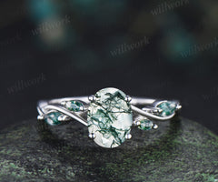 Oval cut moss agate engagement ring marquise moss agate infinity wedding ring unique five stone bridal ring