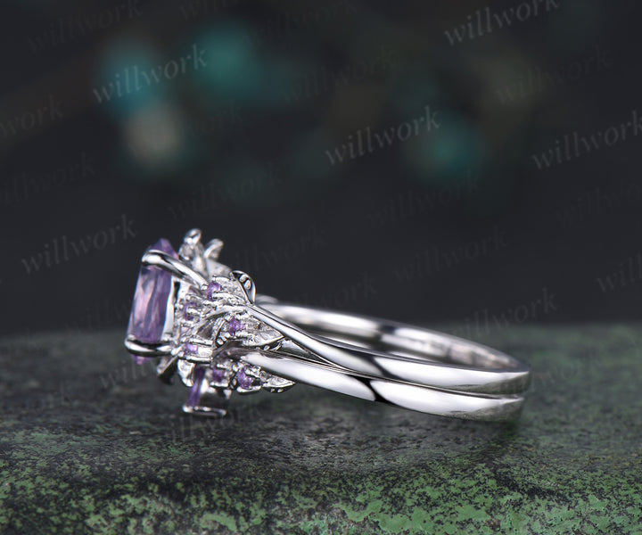 Vintage oval cut Lavender Amethyst engagement ring set amethyst leaf ring curved marquise purple crystal band unique bridal set