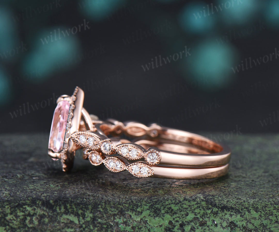 Vintage pear cut pink morganite engagement ring set diamond halo half eternity promise ring  milgrain wedding band bridal set