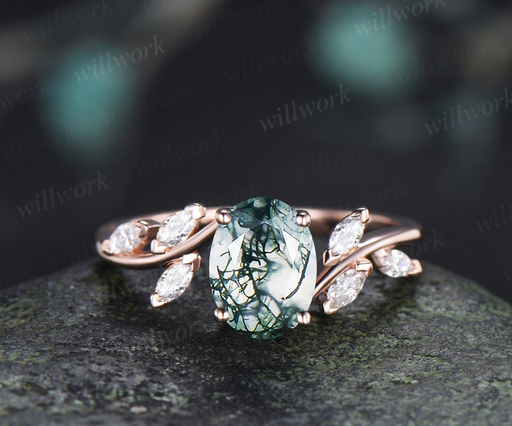 Oval Cut Moss Agate Engagement Ring Seven Stone Bypass Ring Marquise Moissanite Cluster Promise Ring Gifts