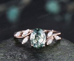 Oval Cut Moss Agate Engagement Ring Seven Stone Bypass Ring Marquise Moissanite Cluster Promise Ring Gifts