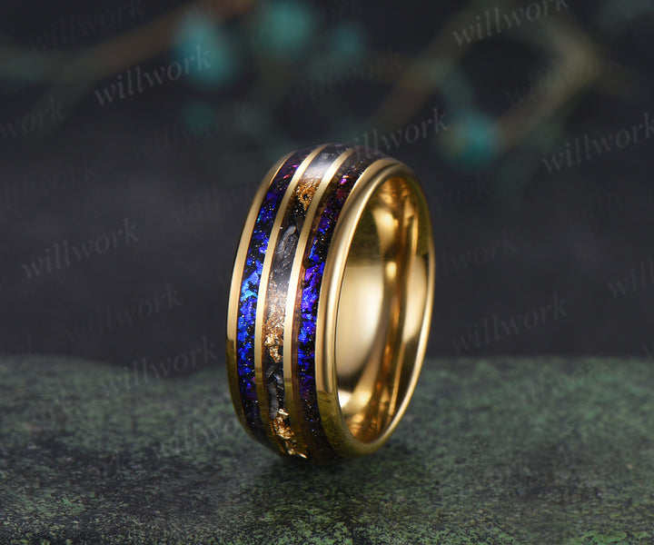 Nature Inspired Pear Sapphire Leaf Twig Ring Set & Tungsten Galaxy Nebula Men Blue Sandstone Band Couple Ring Set