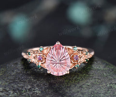 Fantasy Cut Padparadscha Engagement Ring Pear Shape Pink Sapphire Floral Amethyst Emerald Leaf Nature Inspired Ring