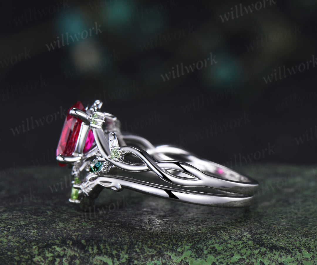 Oval cut ruby engagement ring set split shank marquise moss agate leaf infinity ring peridot vines wedding band