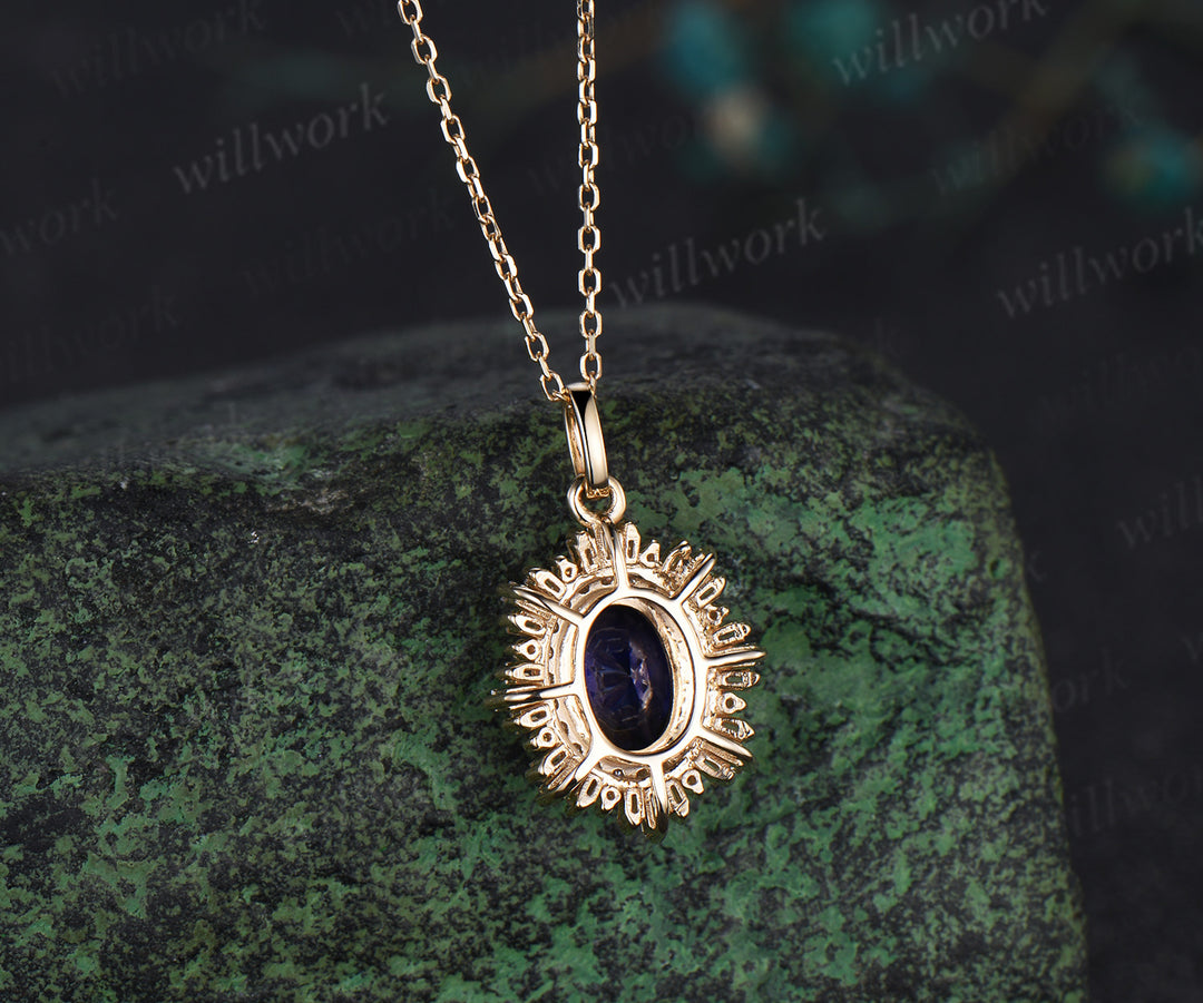 Oval blue sapphire necklace unique double halo diamond pendant necklace antique solid 14k 18k yellow gold necklace for women