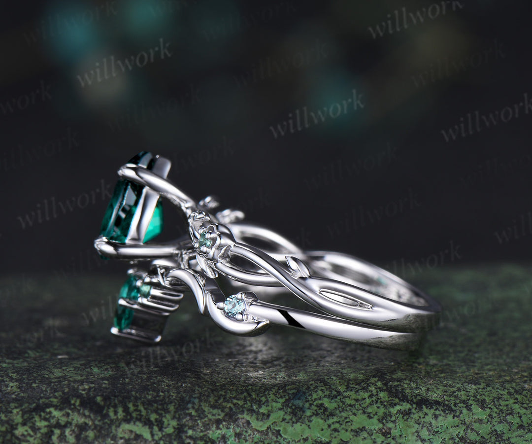 Pear cut emerald engagement ring floral twig split shank ring unique moon teardrop emerald wedding band bridal set gifts for her