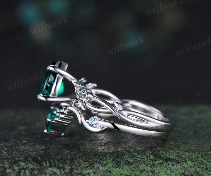Pear cut emerald engagement ring floral twig split shank ring unique moon teardrop emerald wedding band bridal set gifts for her
