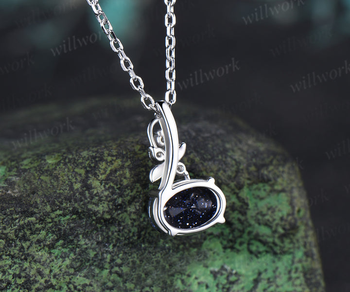 East to West Oval Blue Sandstone Necklace Moissanite Accent Leaf Twig Pendant Nature Inspired Jewelry Gifts