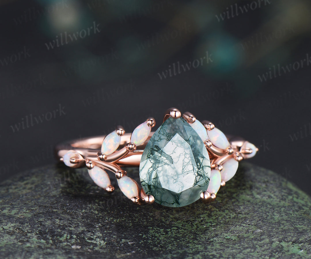 Unique pear moss agate ring leaf inspired opals engagement ring split shank bridal ring