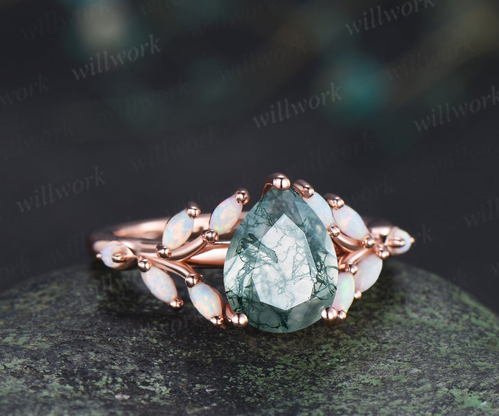 Unique pear moss agate ring leaf inspired opals engagement ring split shank bridal ring