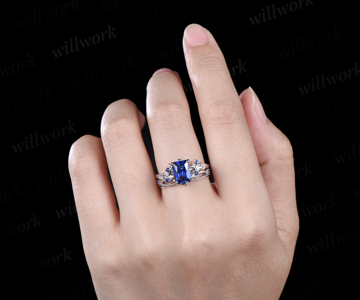 Vintage Radiant cut sapphire engagement ring twig leaf nature inspired sapphire ring art deco matching band unique bridal set