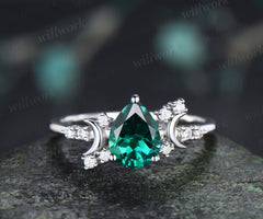 Teardrop Emerald Engagement Ring Art Deco Moon Moissanite Cluster Promise Ring Unique Wedding Ring