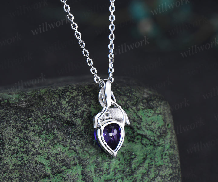 Pear cut purple sapphire pendant necklace leaf vine amethyst moissanite necklace unique gemstone necklace for women gifts for her