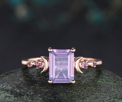 Emerald cut lavender amethyst engagement ring ring five stone moon amethyst ring 14k rose gold wedding anniversary gifts